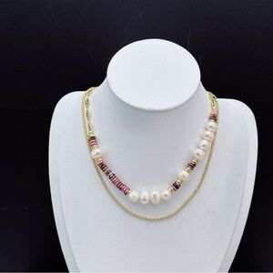 X281 Handmade Freshwater Baroque Pearl  Pink Rhodonite Necklace